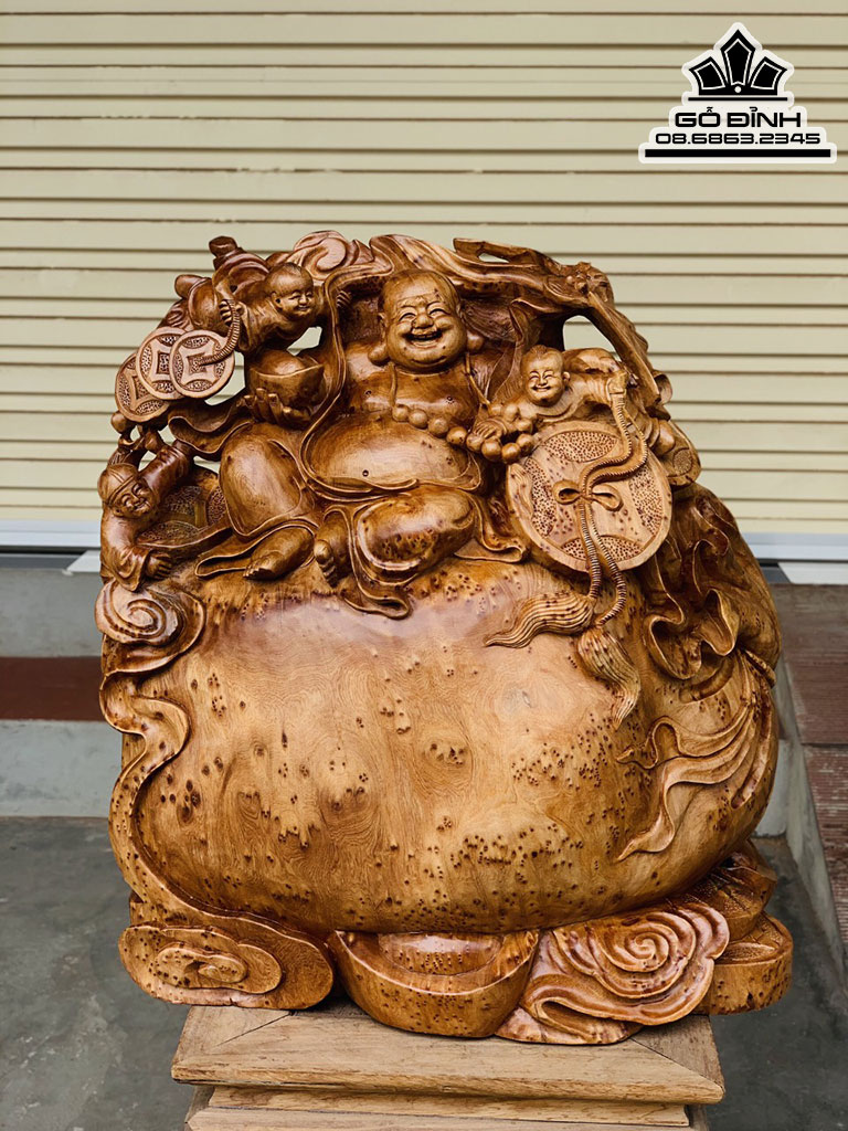Tượng Phật Di Lặc Ngồi Bao Tiền Gỗ Nu Ngọc Am Nguyên Khối Cao 50 Ngang 50 Sâu 22 (cm)