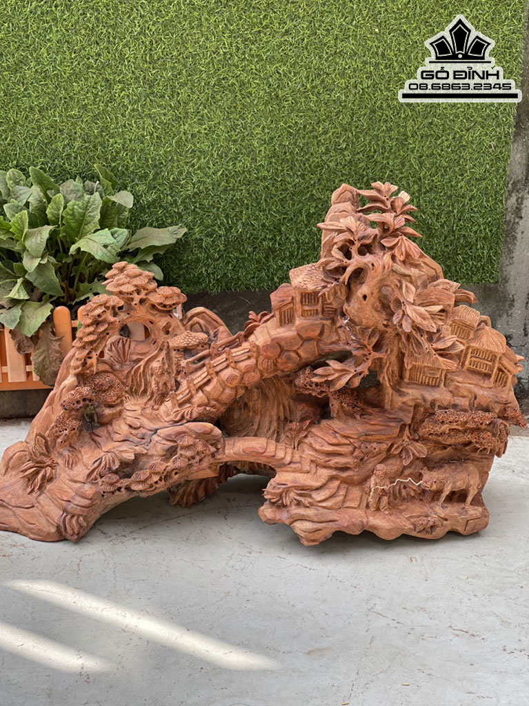 Tượng Tiểu Cảnh Gỗ Hương Nguyên Khối Cao 50 Ngang 80 Sâu 30 (cm)