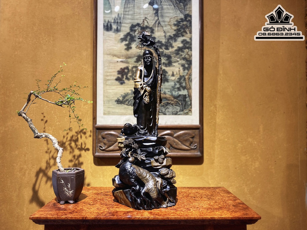 Tượng La Hán Trường Mi Gỗ Mun Sừng Khánh Hòa Nguyên Khối Cao 65 Ngang 20.5 Sâu 21 (cm)