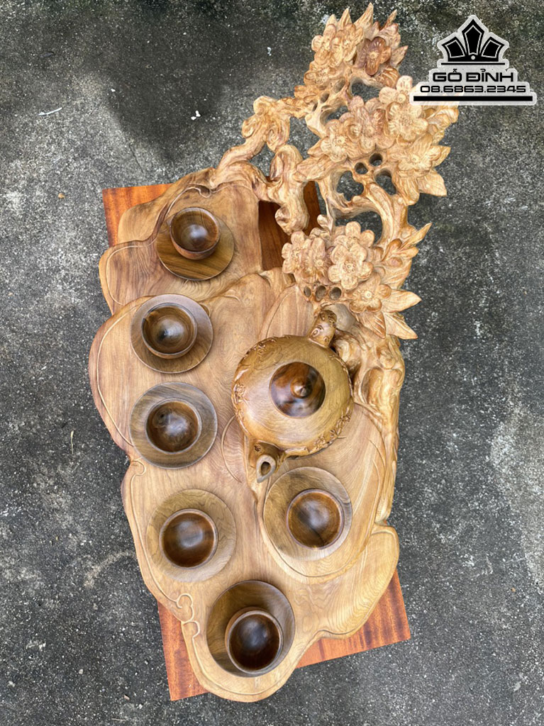 Khay Trà Hoa Mai Gỗ Ngọc Am Hà Giang Cao 20 Dài 65 Rộng 34 (cm)