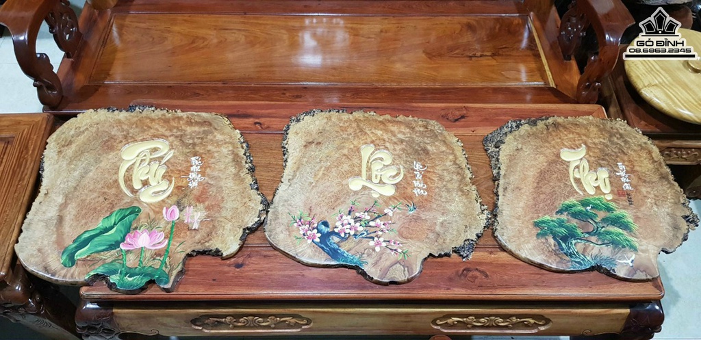 Bộ 3 Tranh Phúc Lộc Thọ Gỗ Nu Kháo Nguyên Khối Cao 50 Ngang 60 Sâu 2 (cm)