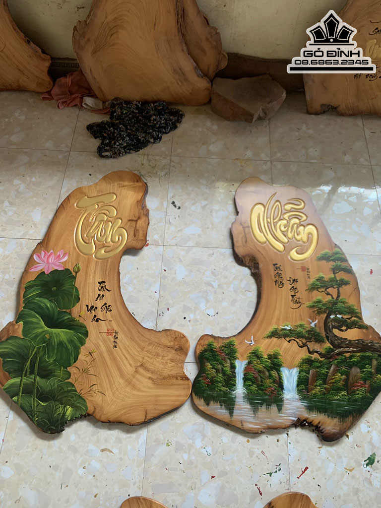 Cặp Tranh Chữ Nhẫn Tâm Gỗ Gõ Đỏ Cao 109 Ngang 74 Sâu 2.2 (cm)