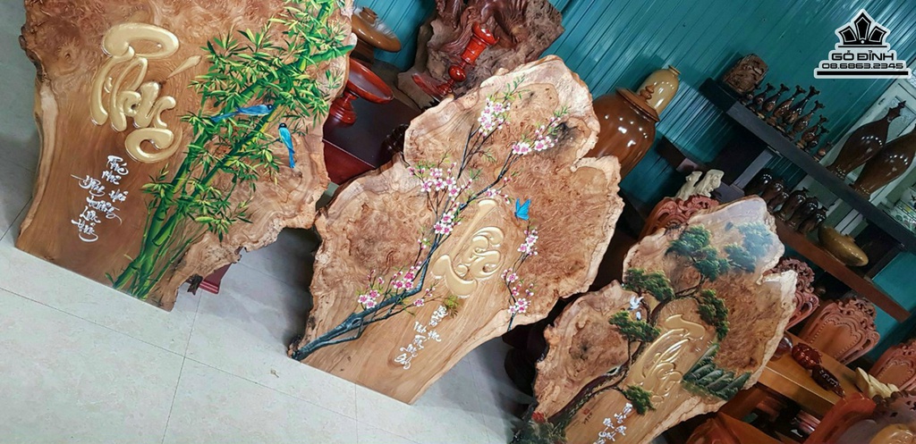 Bộ 3 Tranh Chữ Phúc Lộc Thọ Gỗ Nu Dổi Cao 133 Ngang 100 Sâu 2 (cm)