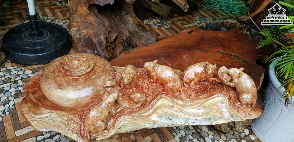 Tượng Ngũ Chuột Quần Chum Gỗ Nu Lim Nguyên Khối Cao 15 Ngang 95 Sâu 42 (cm)