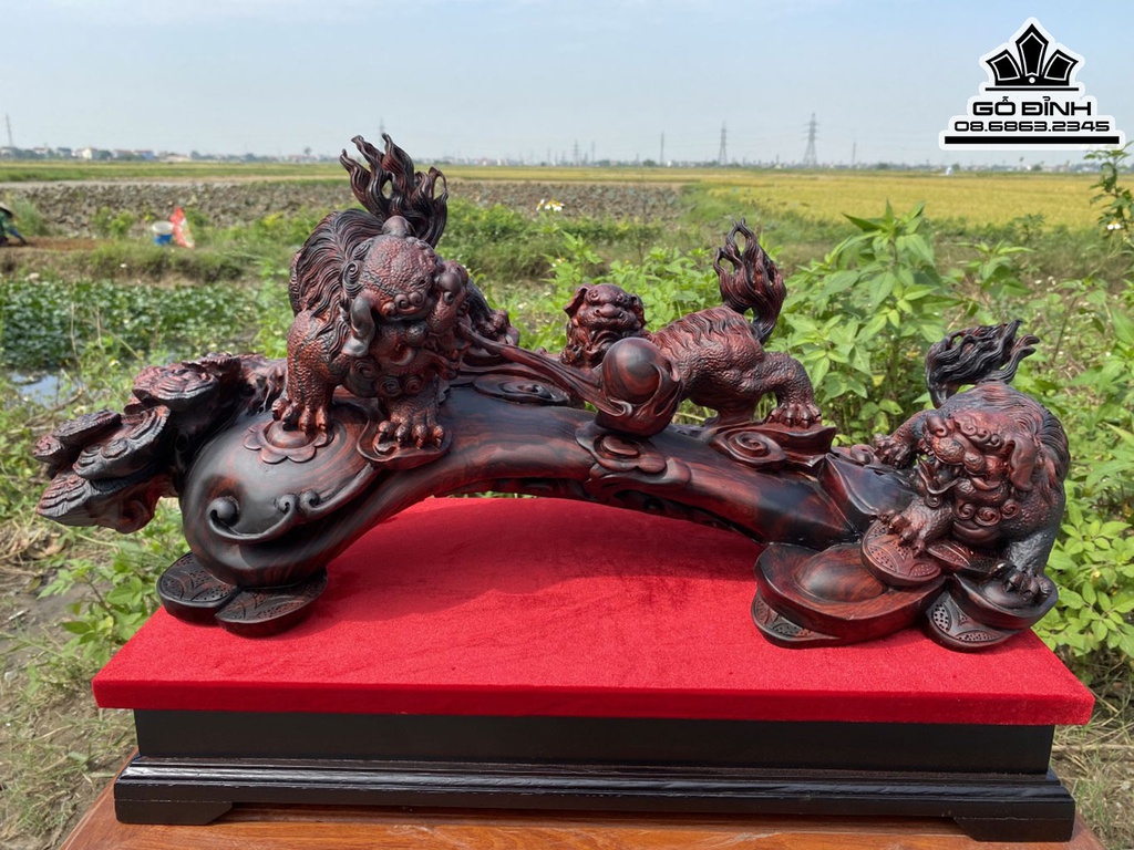 Tượng Tam Lân Vỡn Cầu Gỗ Trắc Nguyên Khối Cao 29 Ngang 63 Sâu 21 Cả Kỷ Cao 38 (cm)