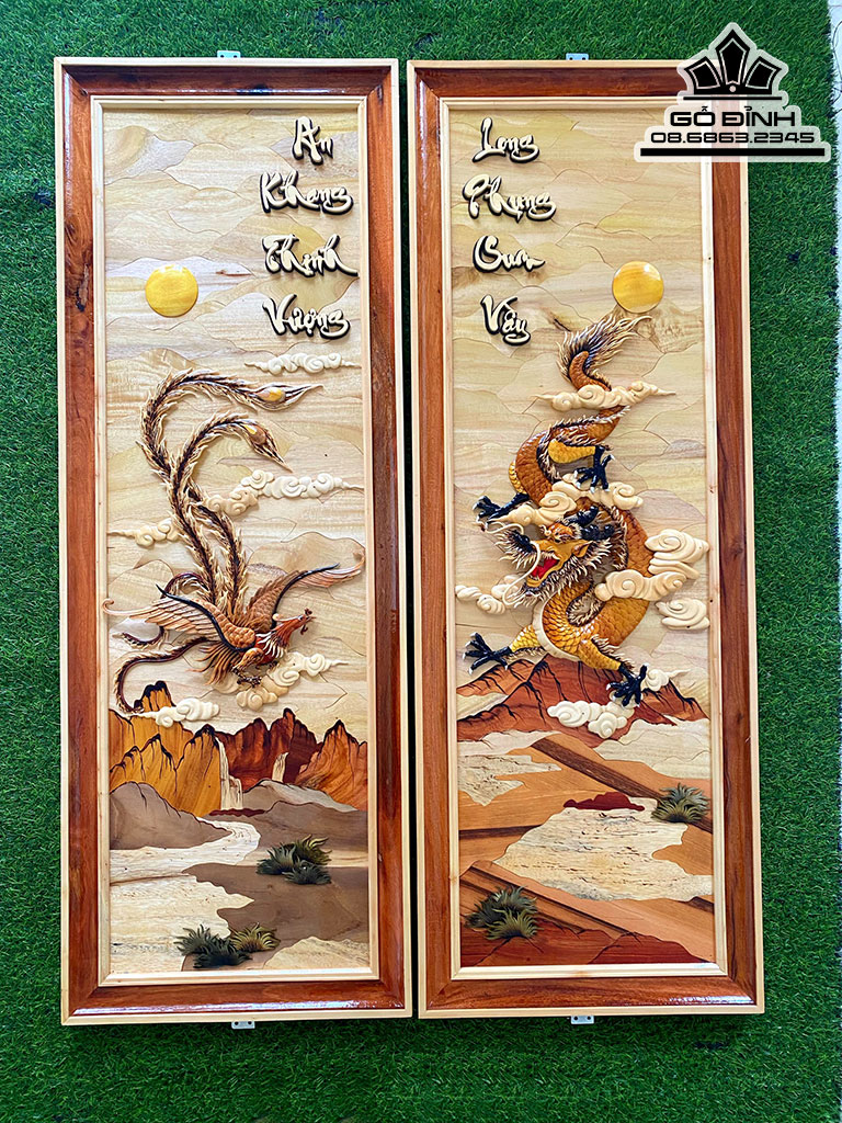 Tranh Long Phụng Sum Vầy Gỗ Ghép 3D Cao 133 Ngang 48 (cm)