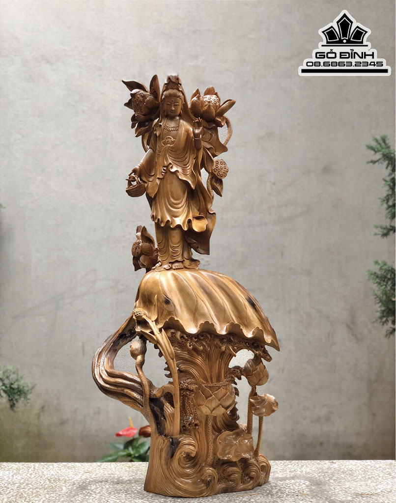 Tượng Phật Bà Quan Âm Gỗ Bách Xanh Cao 100 Ngang 50 Sâu 26 (cm)