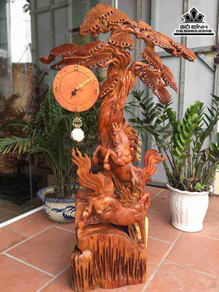 Tượng Song Mã Uyên Ương Gỗ Hương  Cao 130 Rộng 76 Dày 29 (cm)