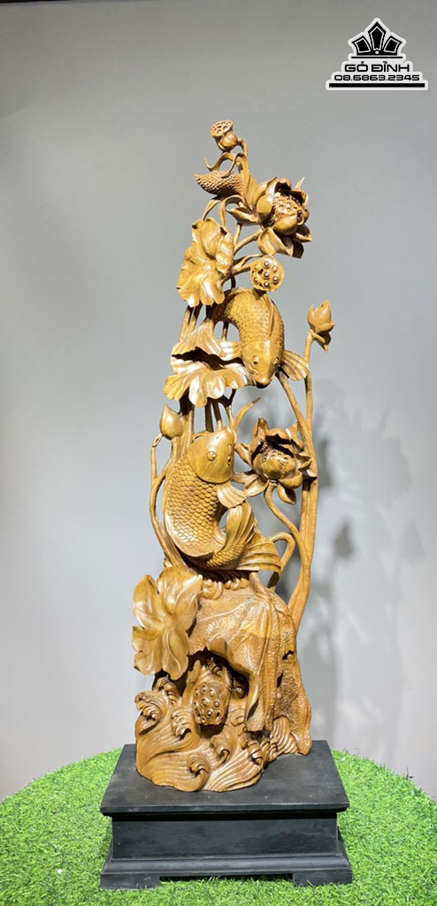 Tượng Song Ngư Đấm Sen Gỗ Bách Xanh Cao 89 Ngang 27 Sâu 17 (cm)