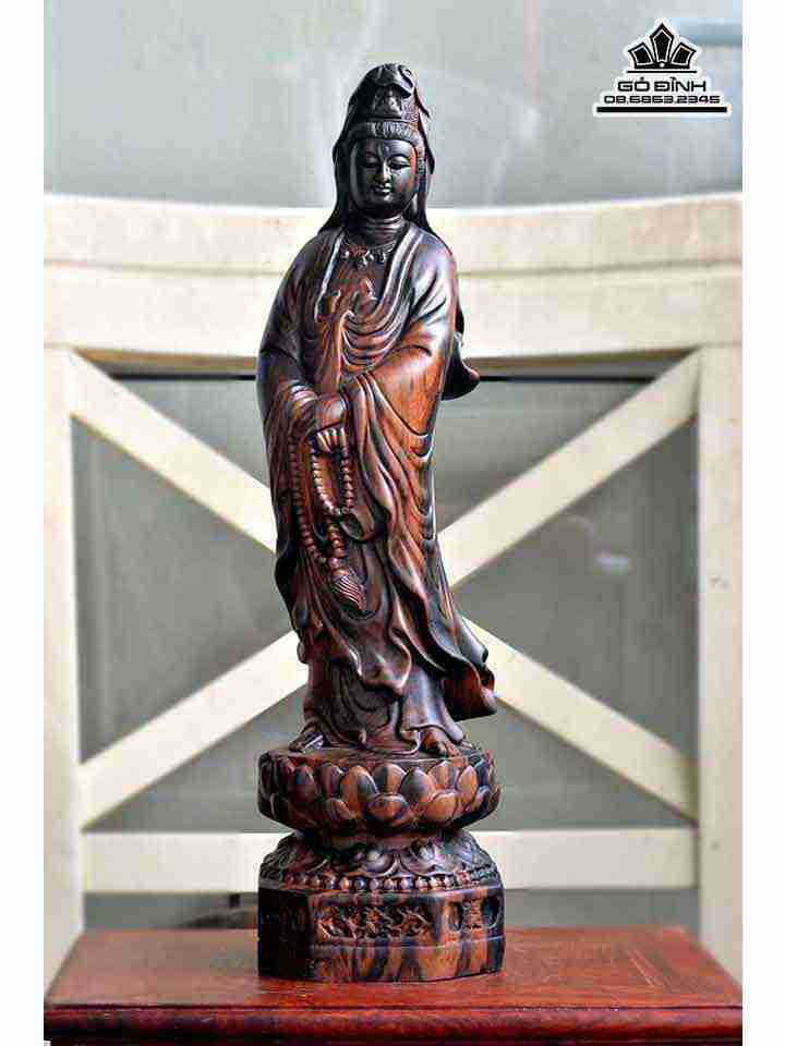 Tượng Phật Bà Quan Âm Gỗ Mun  Cao 40 Rộng 12 Sâu 11 (cm)