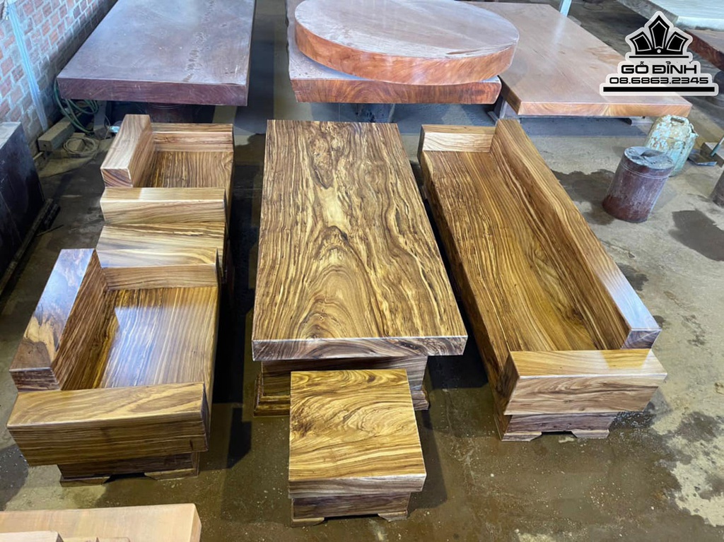Bộ Bàn Ghế Sofa Gỗ Hương Beli Bàn 205x90x12, Ghế Dài 234x50x12, Ghế Ngắn 97x50x12 (cm)
