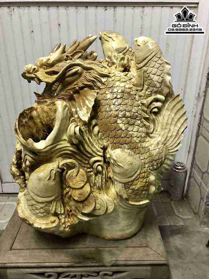 Tượng Cá Chép Hóa Rồng Gỗ Nu Nghiến  Cao 58 Rộng 45 Dày 25 (cm)