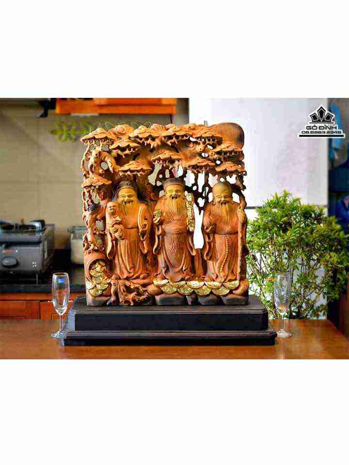 Tượng Tam Đa Phúc Lộc Thọ Gỗ Bách Xanh  Cao 55 Rộng 50 Dày 13 (cm)