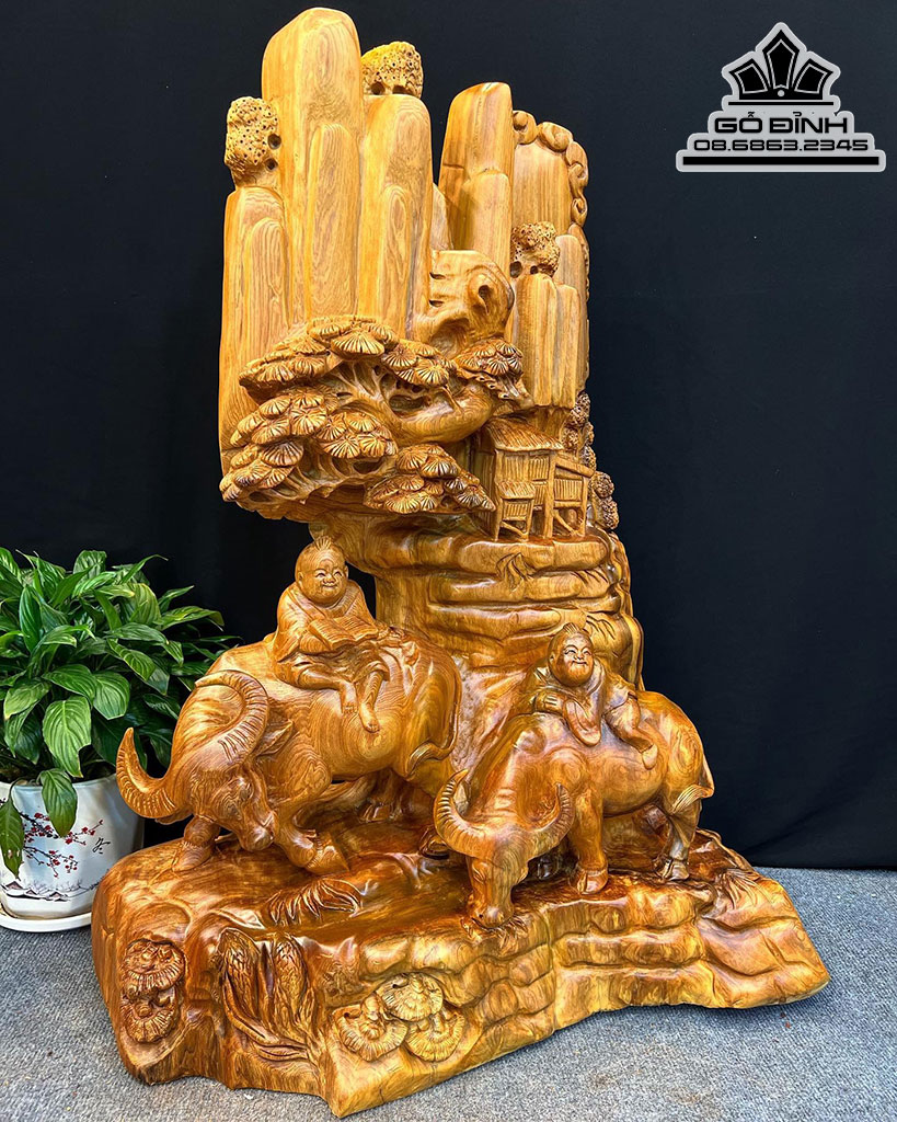Tượng Tiểu Cảnh Chăn Trâu Gỗ Ngọc Am Cao 81 Ngang 63 Sâu 35 (cm)
