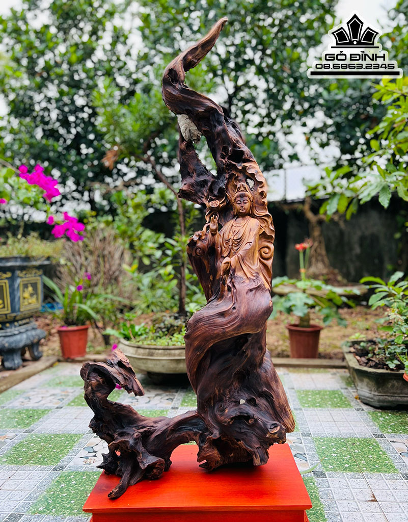 Tượng Phật Bà Gỗ Bách Xanh Cao 122 Ngang 52 Sâu 21 (cm)