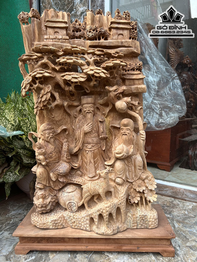 Tượng Phúc Lộc Thọ (Tam Đa) Gỗ Ngọc Am Nguyên Khối Cao 90 Ngang 48 Sâu 22 (cm)