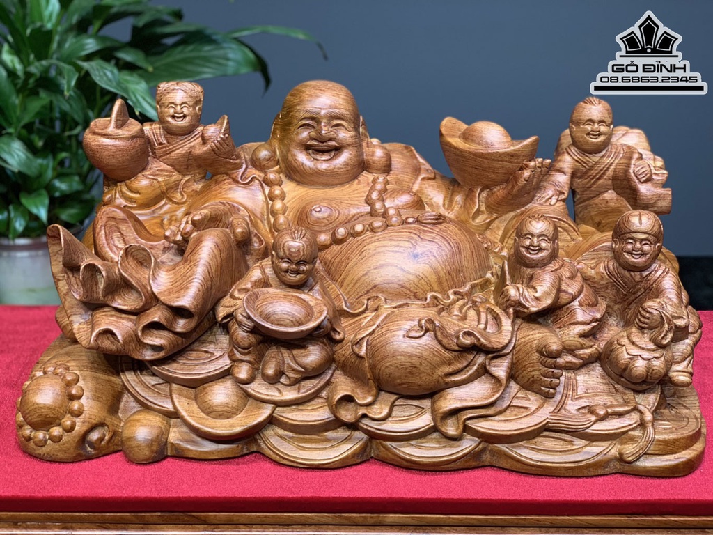 Tượng Phật Di Lặc Ngũ Phúc Gỗ Hương Đá Cao 22 Ngang 47 Sâu 22 (cm)