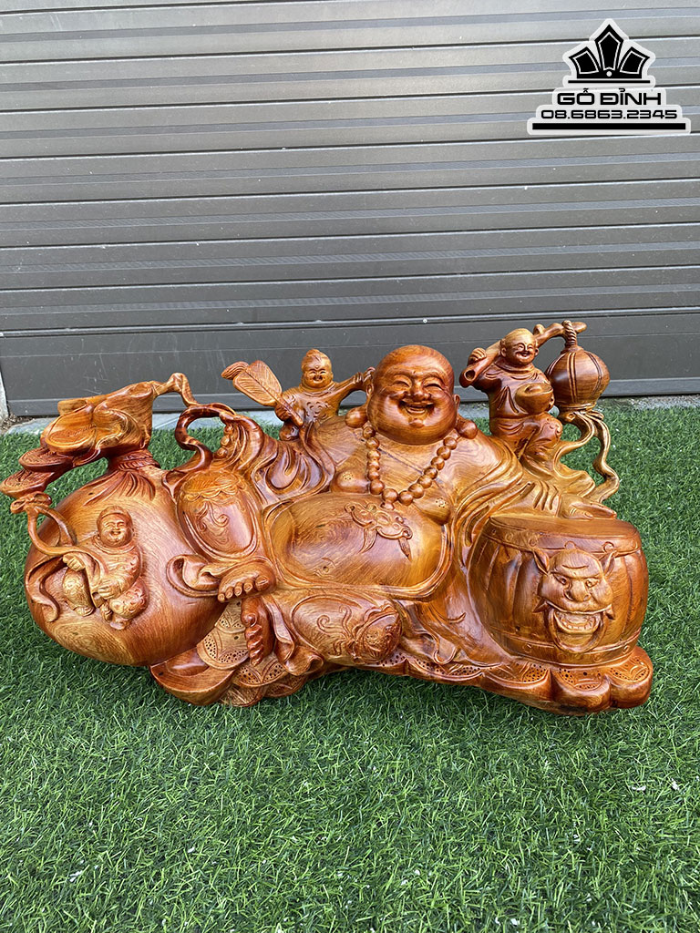 Tượng Phật Di Lặc Tam Phúc Gỗ Hương Cao 31 Ngang 56 Sâu 23 (cm)