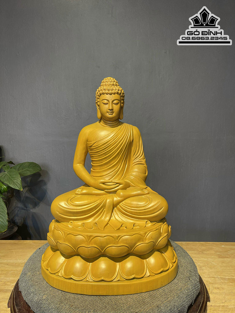 Tượng Phật Thích Ca Gỗ Gõ Vàng Cao 51 Ngang 36 Sâu 28 (cm)