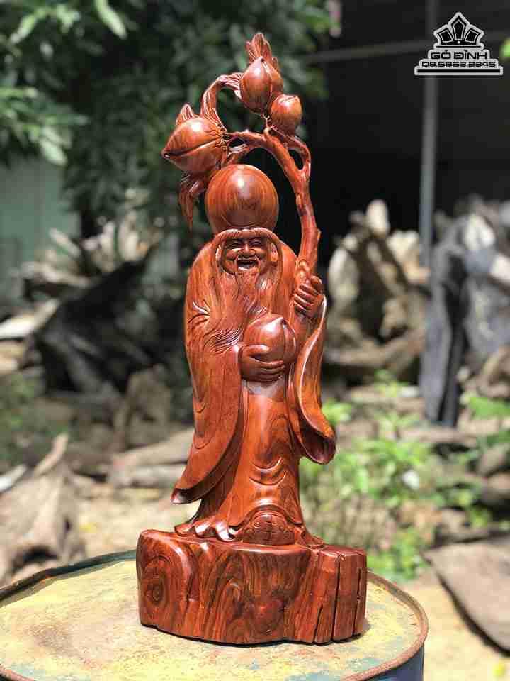 Tượng Ông Thọ Cầm Đào Tiên Gỗ Hương  Cao 72 Ngang 29 Sâu 17 (cm)