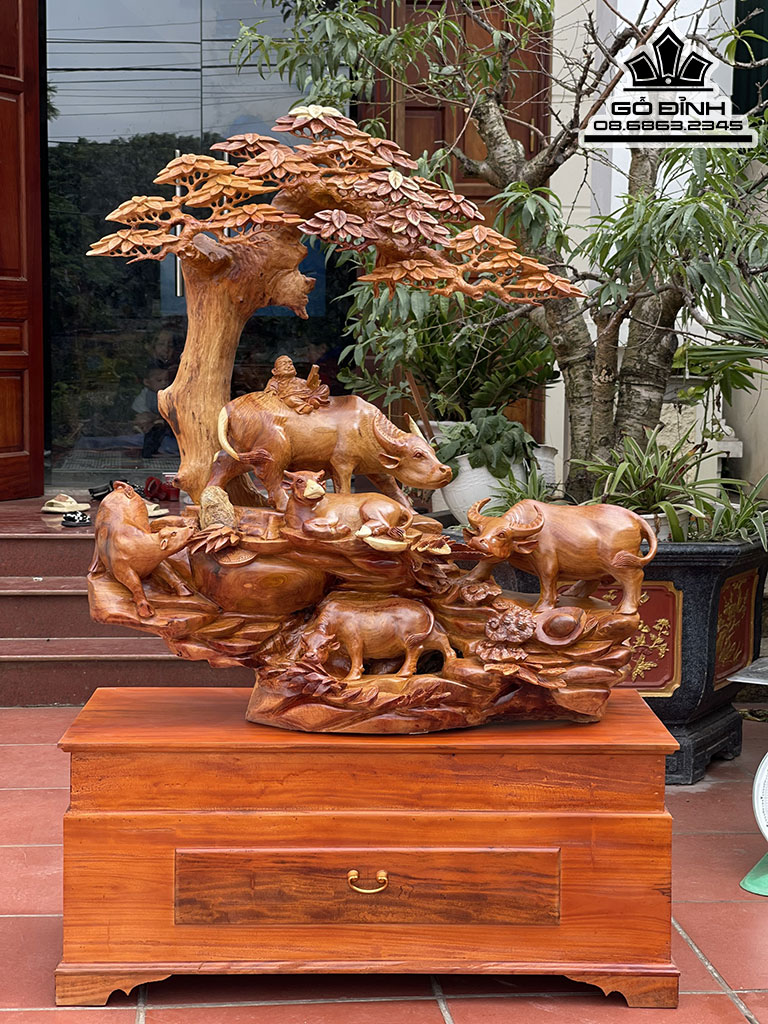 Tượng Tiểu Đồng Chăn Trâu Gỗ Hương Việt Nguyên Khối Cao 110 Ngang 106 Sâu 50 Cả Kỷ 155 (cm)