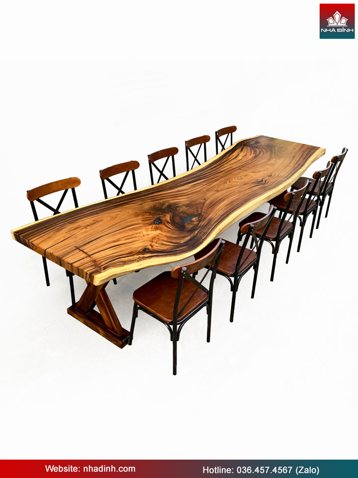 Bàn Ăn 10 Ghế Gỗ Me Tây Nguyên Khối Dài 354 Rộng 95-85-92 Dày 6,7 Cao 75 (cm)