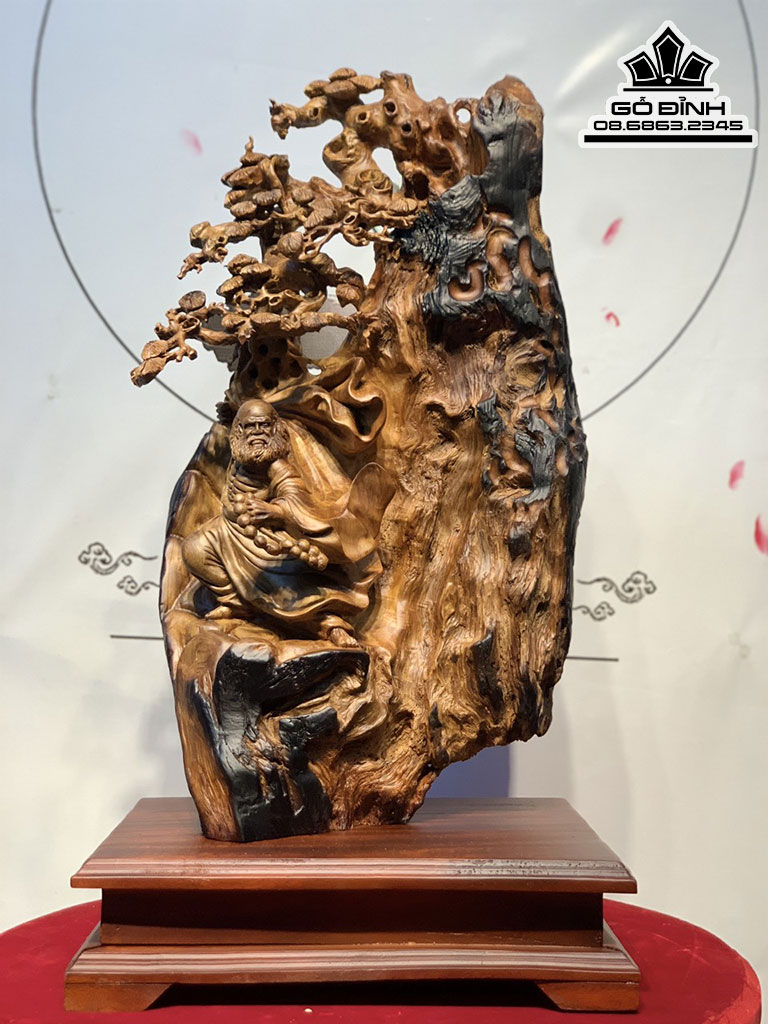 Tượng Đạt Ma Múa Võ Gỗ Ngọc Am Hà Giang Nguyên Khối Cao 59 Ngang 34 Sâu 20 (cm)