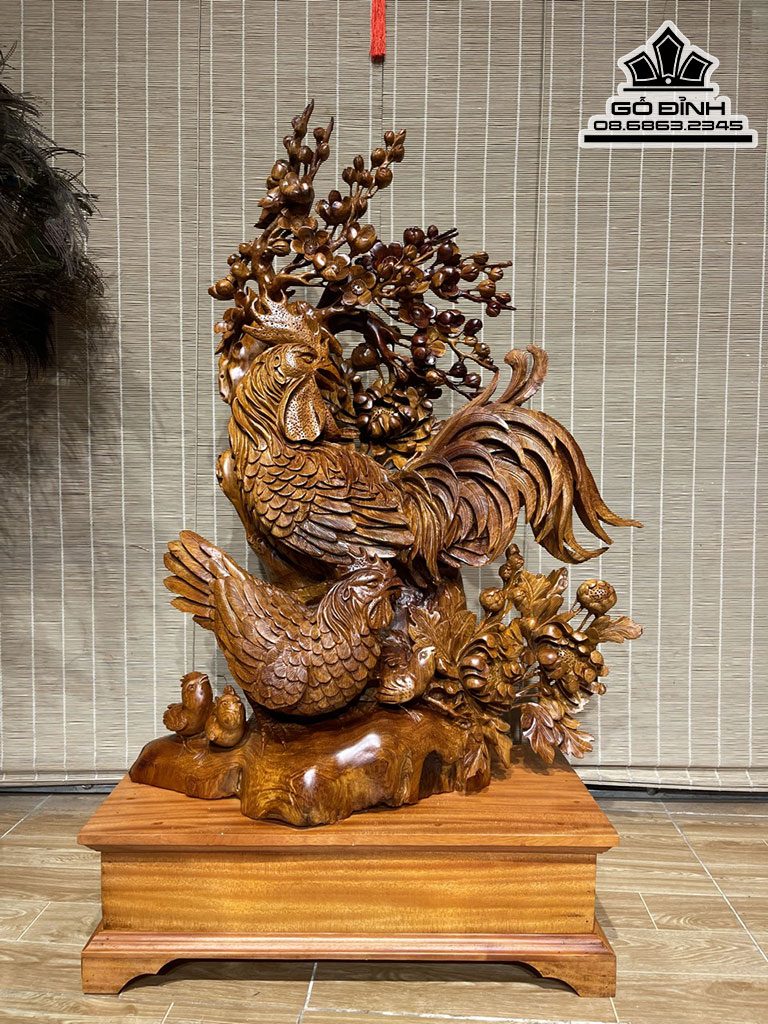 Tượng Gia Đình Gà Gỗ Hương Việt Cao 83 Ngang 63 Sâu 27 Cả Kỷ 100 (cm)