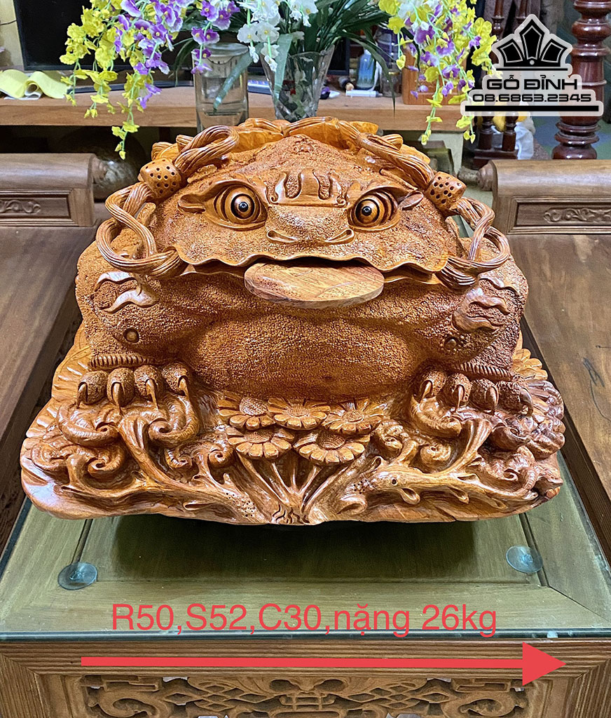 Tượng Cóc Ngậm Tiền Gỗ Hương Cao 30 Rộng 50 Sâu 52 (cm)