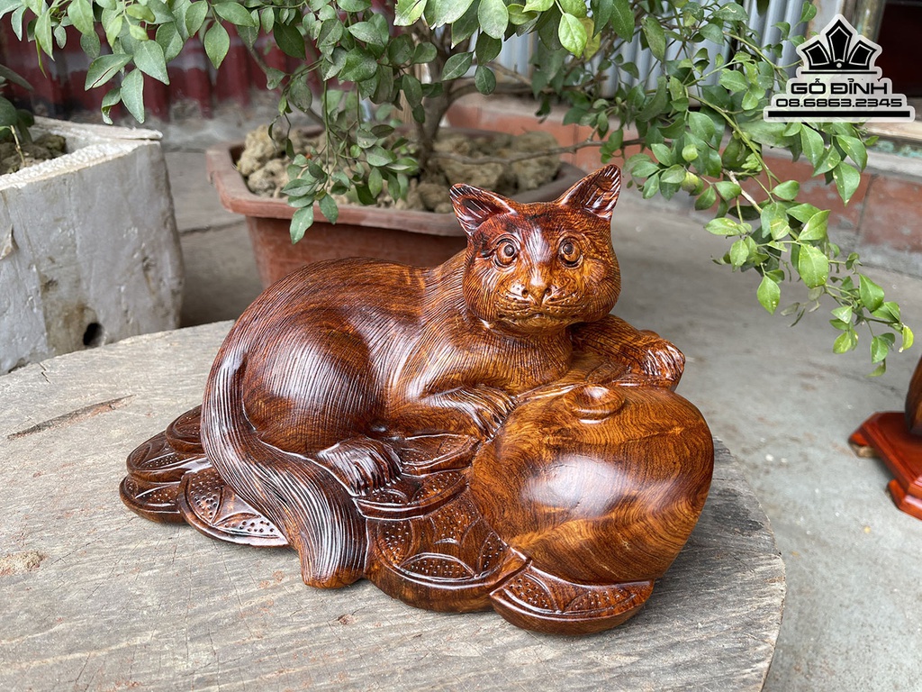 Tượng Mèo Phong Thủy Gỗ Hương Cao 15 Ngang 25 Sâu 19 (cm)
