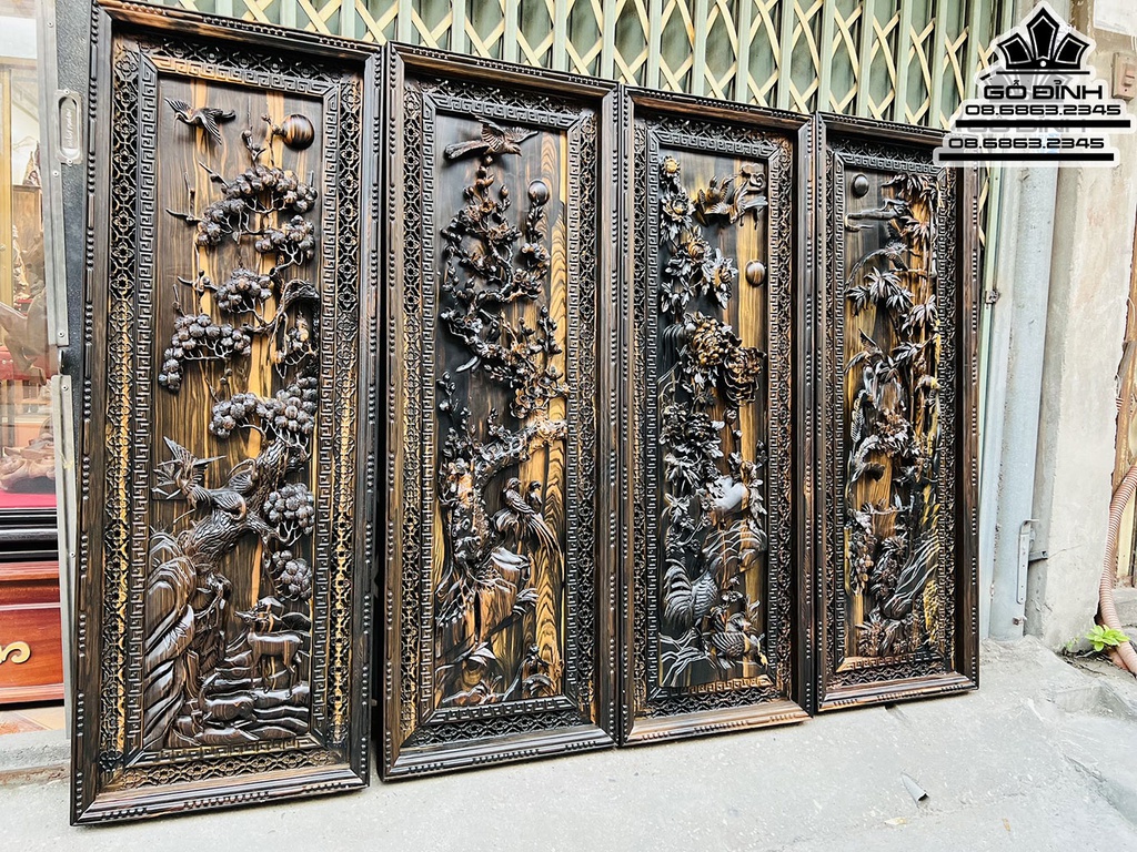 Tranh Tứ Quý Xuân Hạ Thu Đông Gỗ Mun Hoa Cao 137 Ngang 48 Sâu 6 (cm)