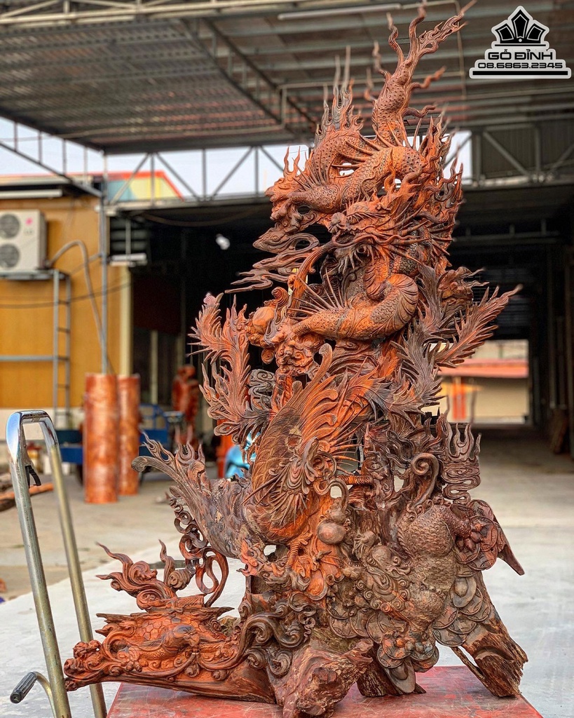 Tượng Tứ Linh Gỗ Trắc Đỏ Đen Cao 152 Ngang 95 Sâu 38 (cm)