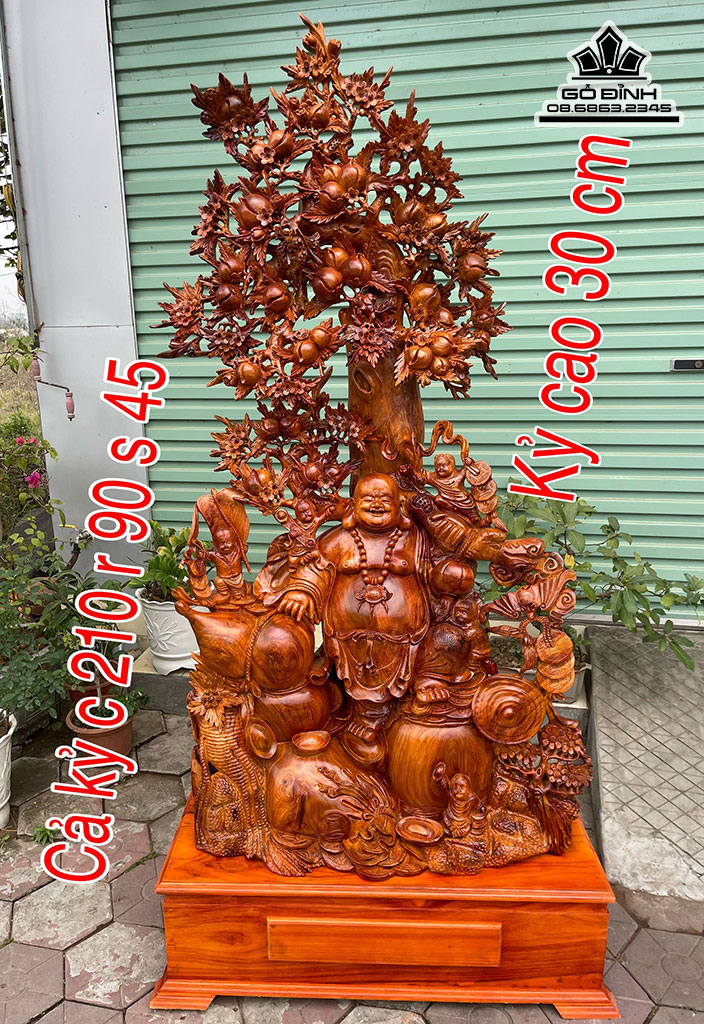 Tượng Phật Di Lặc Đứng Gốc Đào Gỗ Hương Cao 210 Rộng 90 Sâu 45 (cm) Cả Kỷ