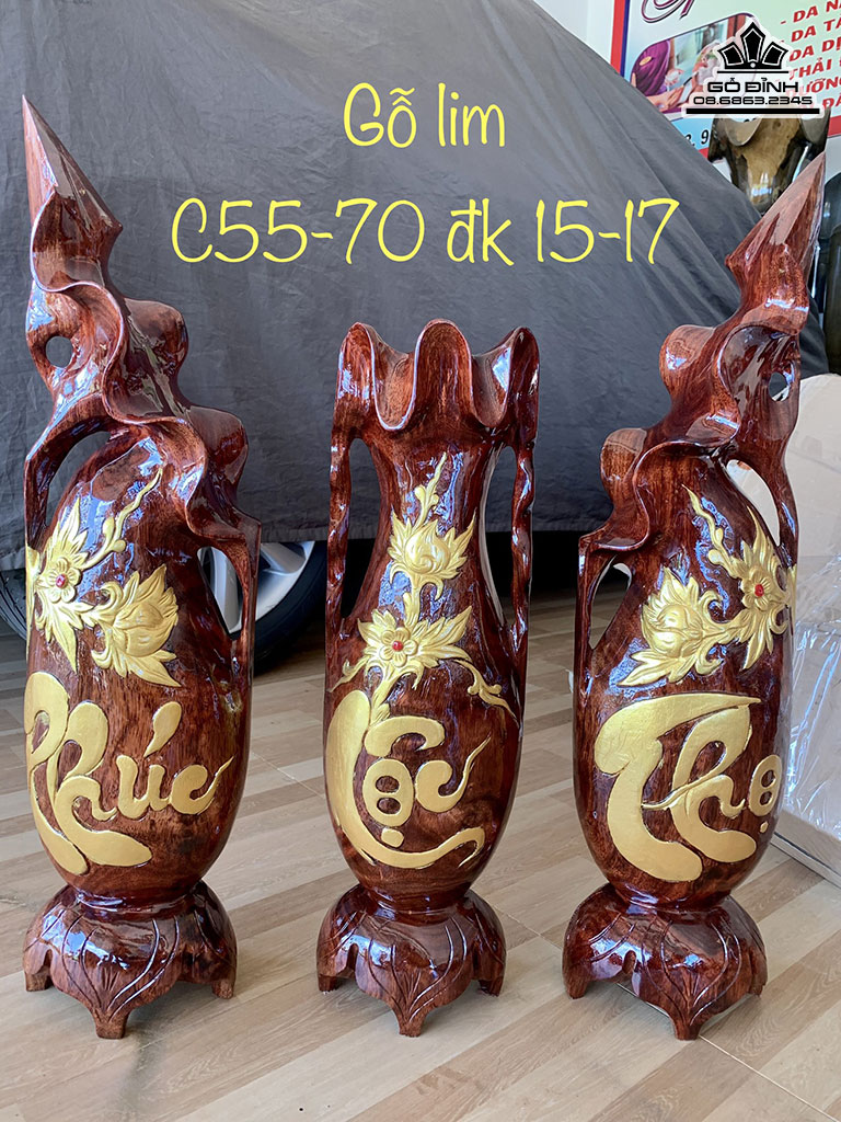 Bộ 3 Bình Phúc Lộc Thọ Gỗ Lim Cao 55-70 Đường Kính 15-17(cm)