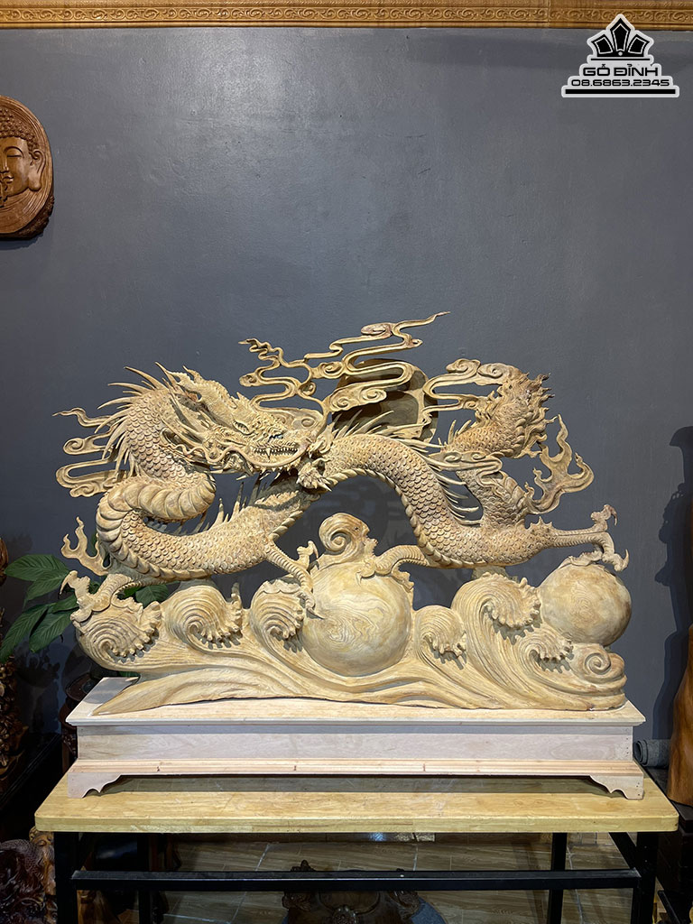 Tượng Nhất Long Nhả Ngọc Gỗ Ngọc Am Cao 95 Ngang 110 Sâu 18 Cao Cả Kỷ 110 (cm)