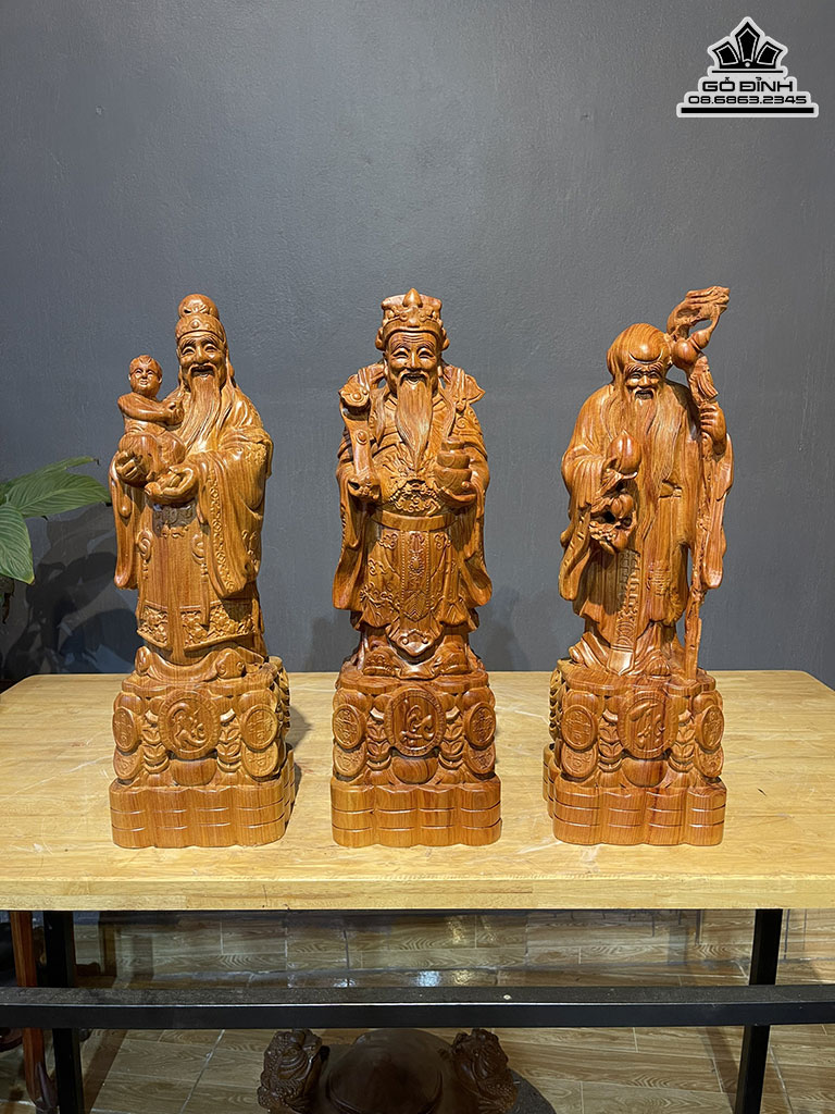 Tượng Phúc Lộc Thọ ( Tam Đa ) Gỗ Hương Đá Liền Khối Cao 50 Ngang 15 Sâu 12 (cm)