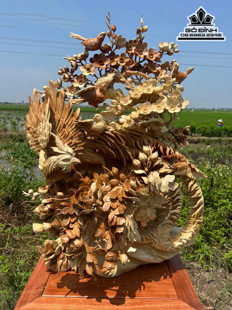 Tượng Ngũ Điểu Chầu Hoàng Gỗ Hương Cao 97 Ngang 72 Sâu 35 (cm)