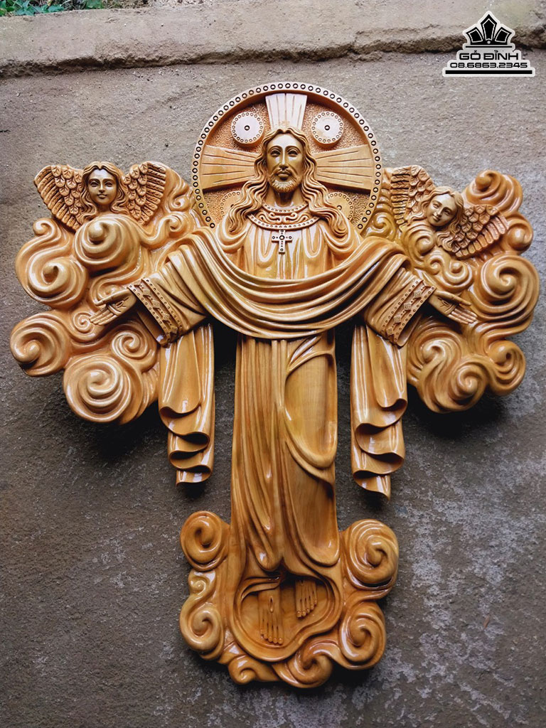Tượng Chúa Phục Sinh Gỗ Trai Cao 90 Ngang 75 Sâu 12 (cm)