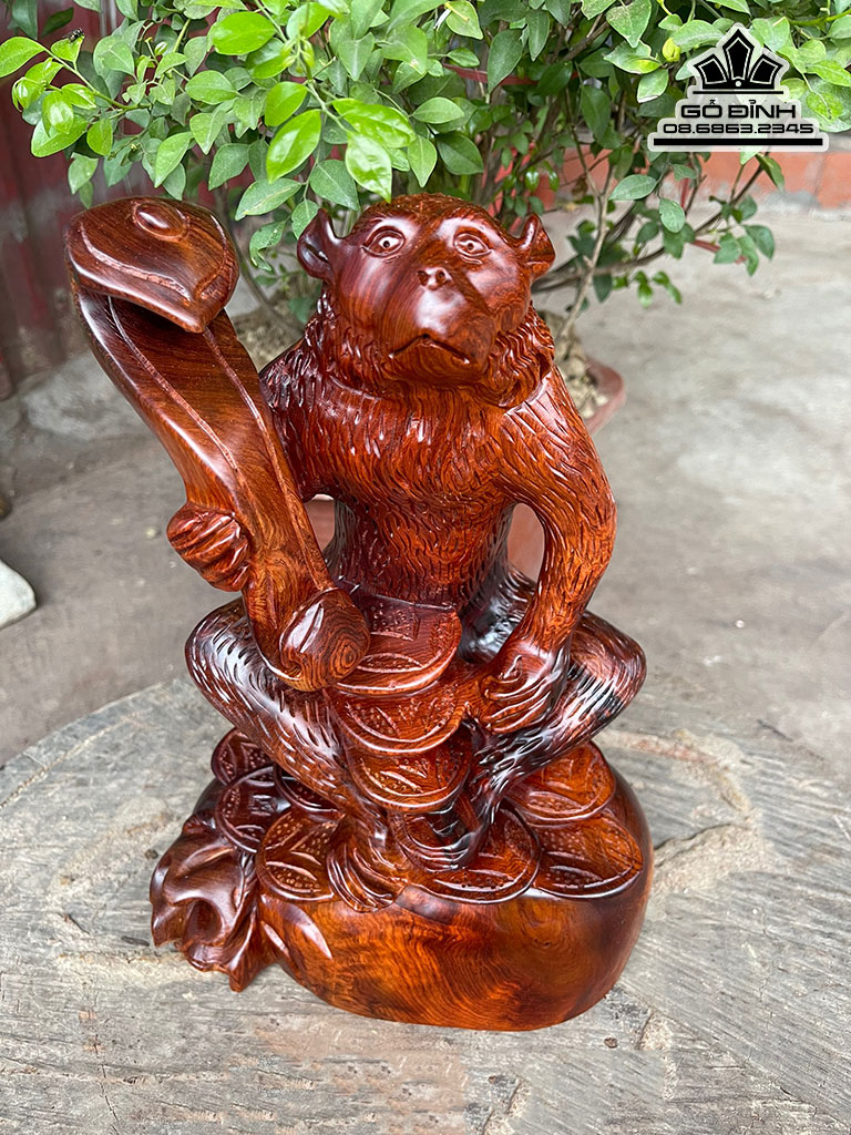Tượng Khỉ Gỗ Hương Liền Khối Cao 30 Ngang 21 Sâu 15 (cm)