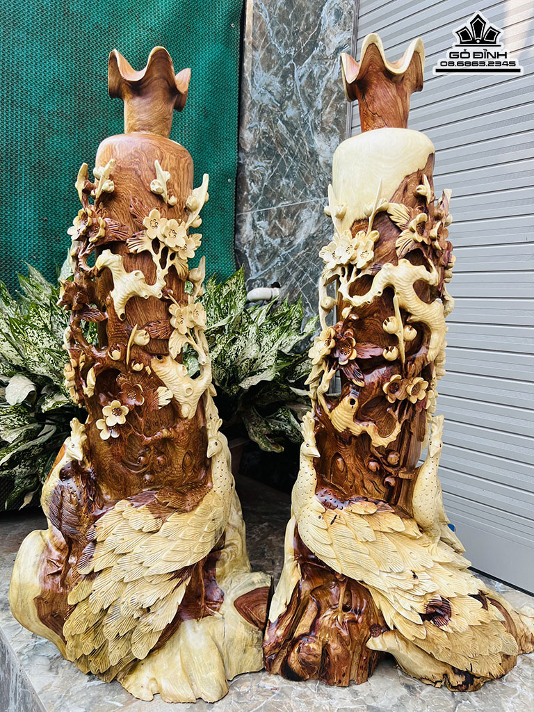 Cặp Bình Chim Công Gỗ Hương Cao 87 Ngang 45 Sâu 30 (cm)