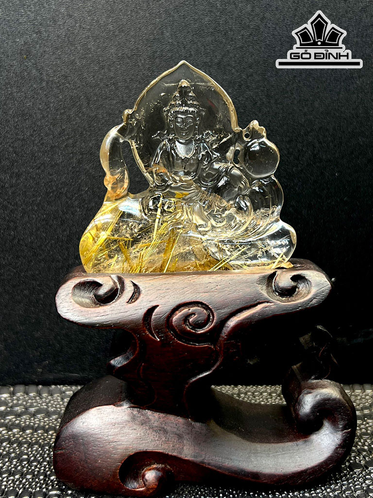 Tượng Phật Bà Quan Âm Đá Thạch Anh Tóc Vàng Cao 69,3 Ngang 64,9 Sâu 14,3 (mm) 66,9g