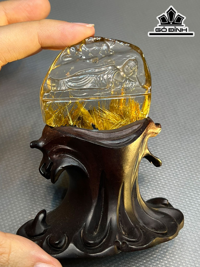 Tượng Phật Niết Bàn Đá Thạch Anh Tóc Vàng Cao 44,4 Ngang 48,2 Sâu 14,4 (mm) 46,7gr