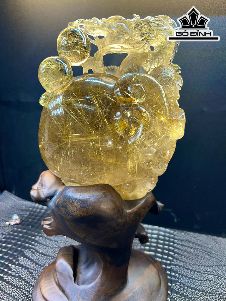 Tượng Rồng Nhả Ngọc Đá Thạch Anh Tóc Vàng Cao 170 Ngang 116,7 Sâu 78,3 (mm) 1728g