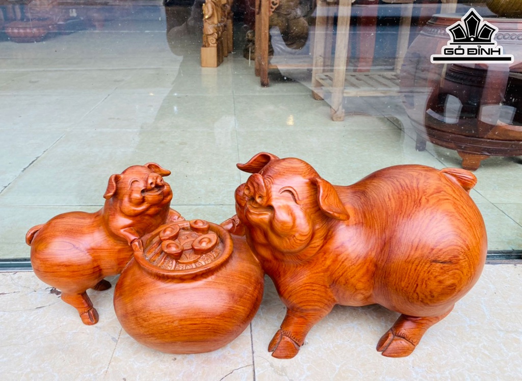 Tượng Heo Mẫu Tử Gỗ Hương Cao 22 Ngang 56 Sâu 20 (cm)