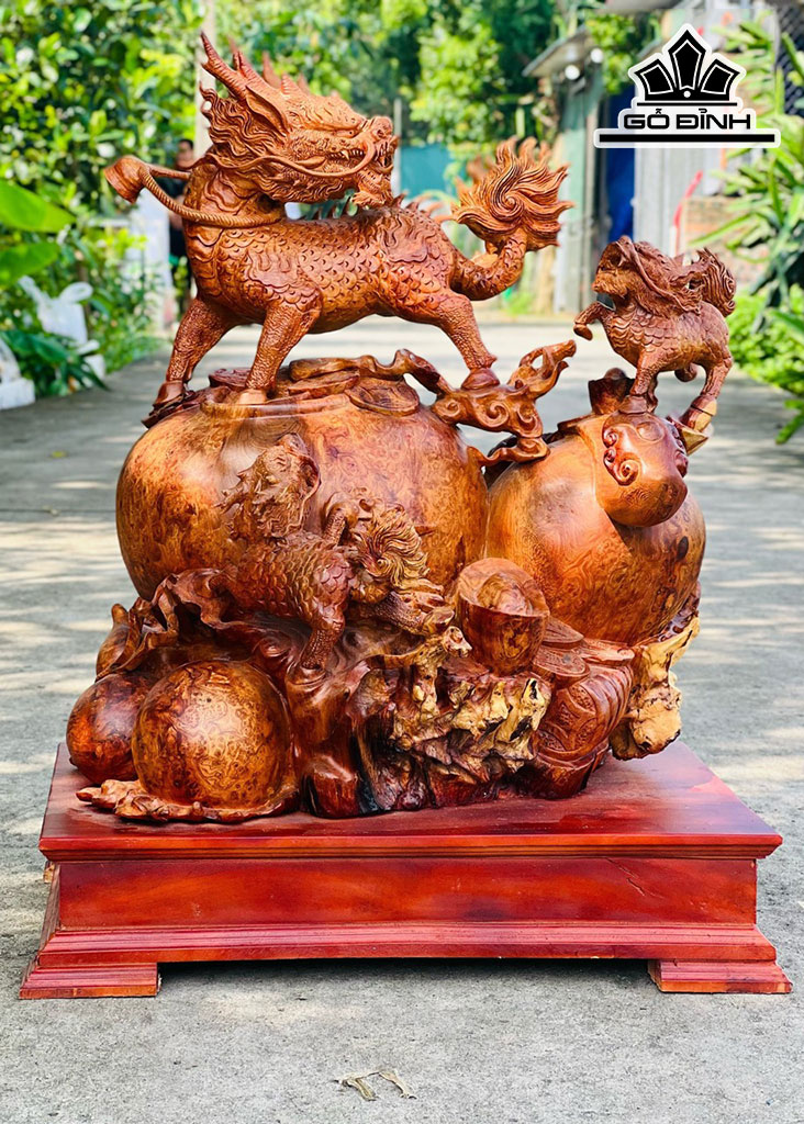 Tượng Tam Lân Chấn Bình Gỗ Nu Hương Cao 72 Ngang 55 Sâu 36 (cm)