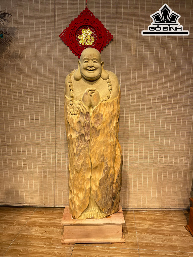 Tượng Phật Di Lặc Chúc Phúc Gỗ Lũa Dổi Cao 131 Ngang 45 Sâu 20 Cao Cả Kỷ 151 (cm)