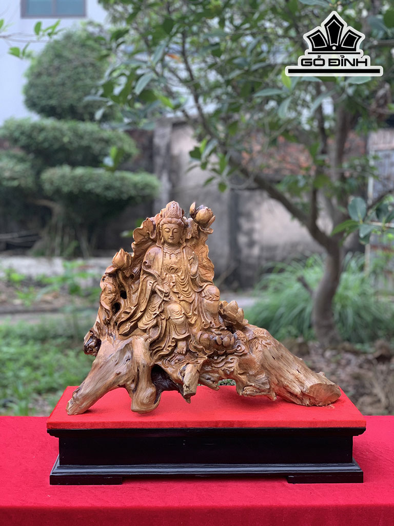 Tượng Phật Bà Quan Âm Gỗ Bách Xanh Cao 50 Ngang 38 Sâu 25 (cm)