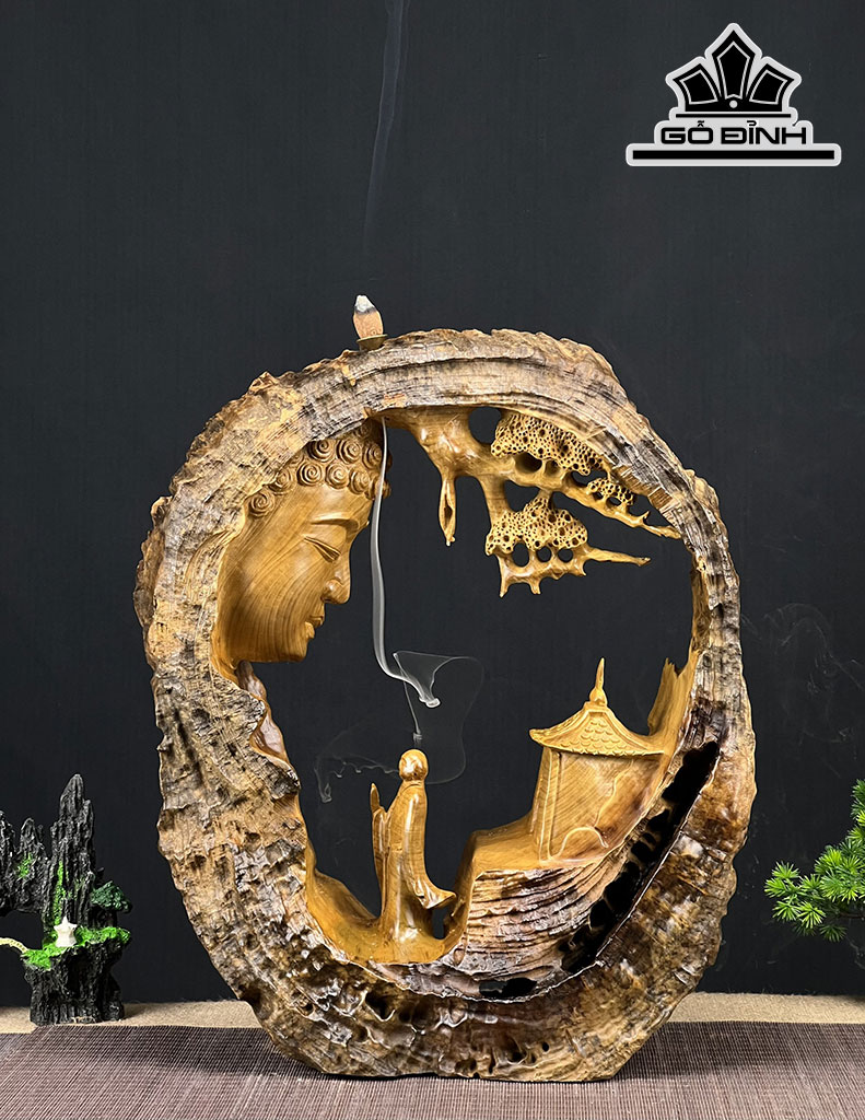 Tượng Nhất Tâm Bái Phật Gỗ Lũa Dổi Cao 47 Ngang 40 Sâu 17 (cm)