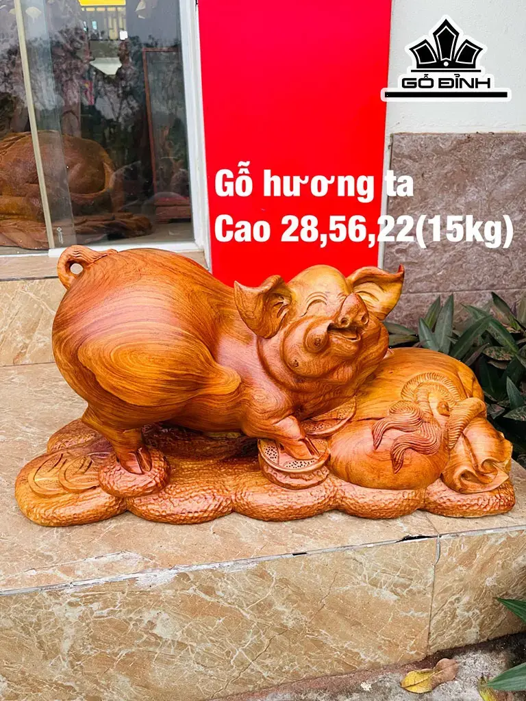 Tượng Heo Phong Thủy Gỗ Hương Cao 28 Ngang 56 Sâu 22 (cm)