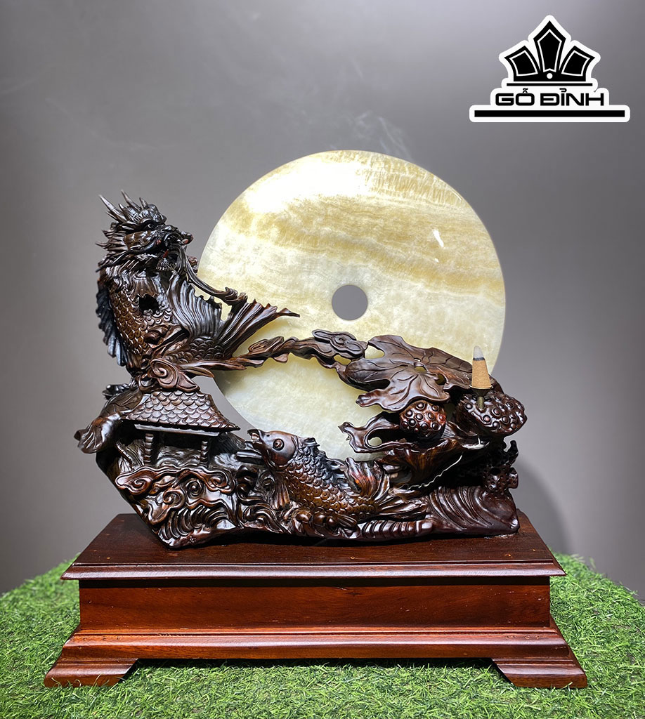 Tượng Cá Chép Hóa Rồng Gỗ Trắc Cao 46 Ngang 43 Sâu 12 (cm)